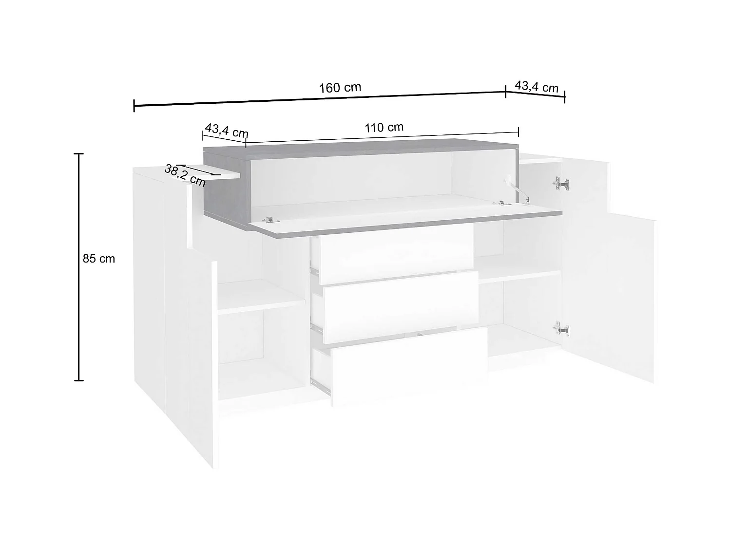 Credenza Corona 2 ante e 3 cassetti bianco lucido e acero pereira 160x45x85 cm