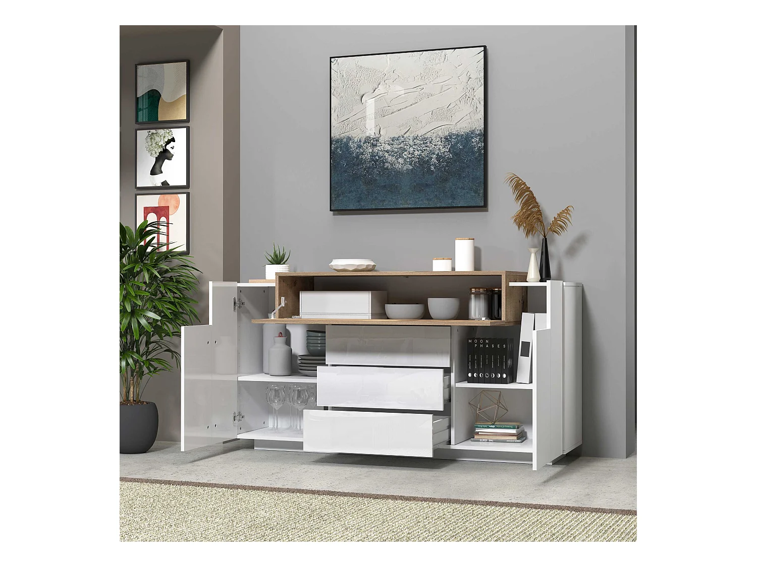 Credenza Corona 2 ante e 3 cassetti bianco lucido e acero pereira 160x45x85 cm