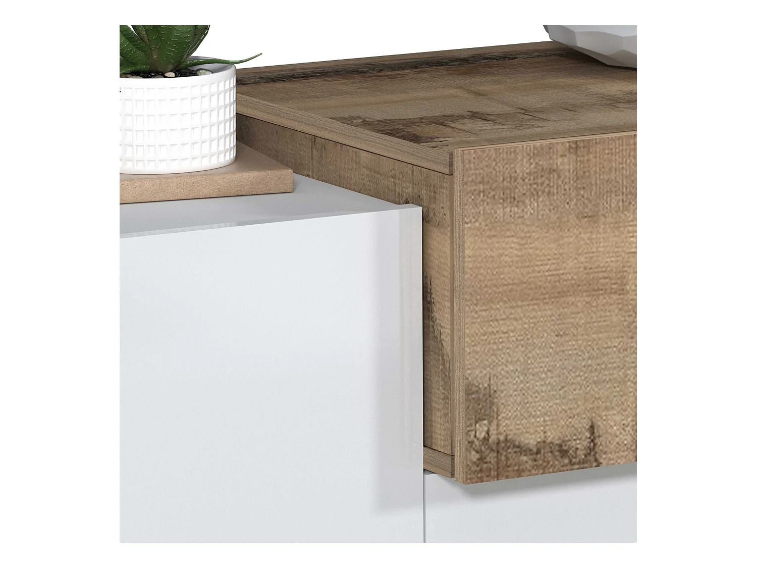 Credenza Corona 2 ante e 3 cassetti bianco lucido e acero pereira 160x45x85 cm