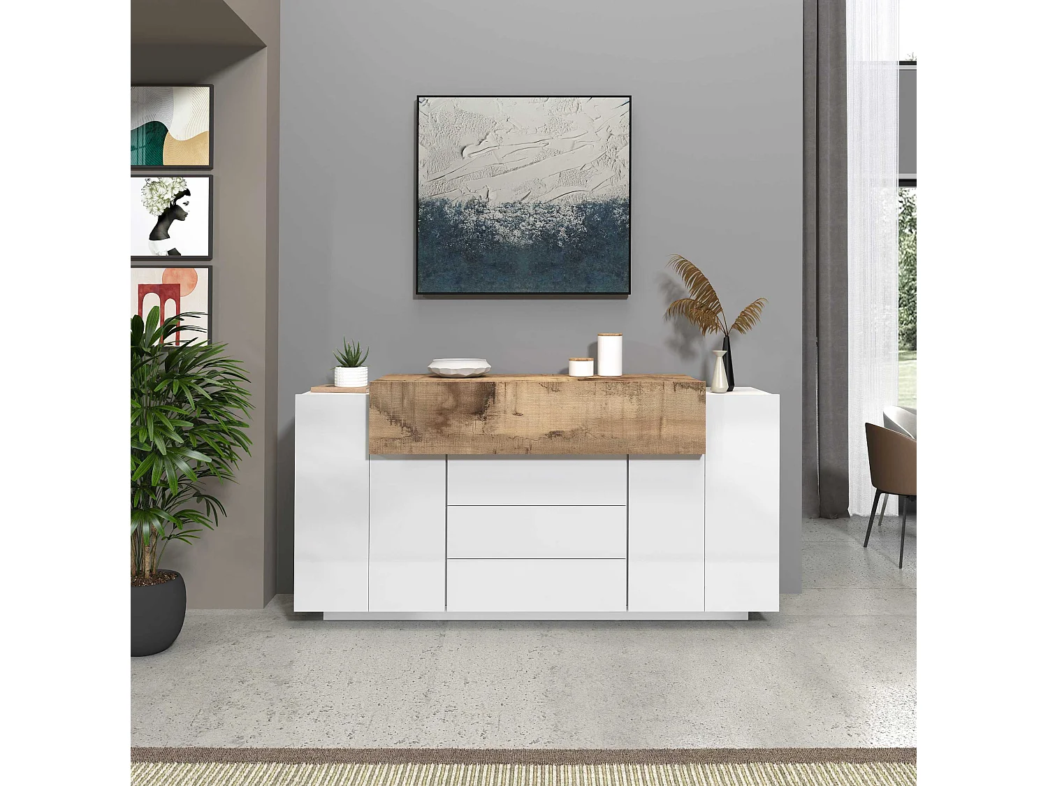 Credenza Corona 2 ante e 3 cassetti bianco lucido e acero pereira 160x45x85 cm