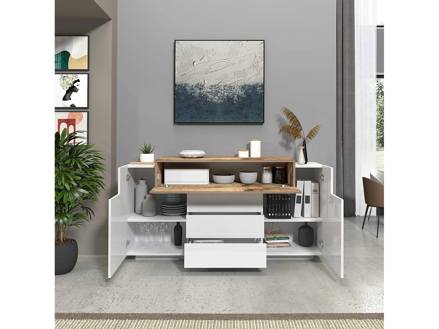 Credenza Corona 2 ante e 3 cassetti bianco lucido e acero pereira 160x45x85 cm