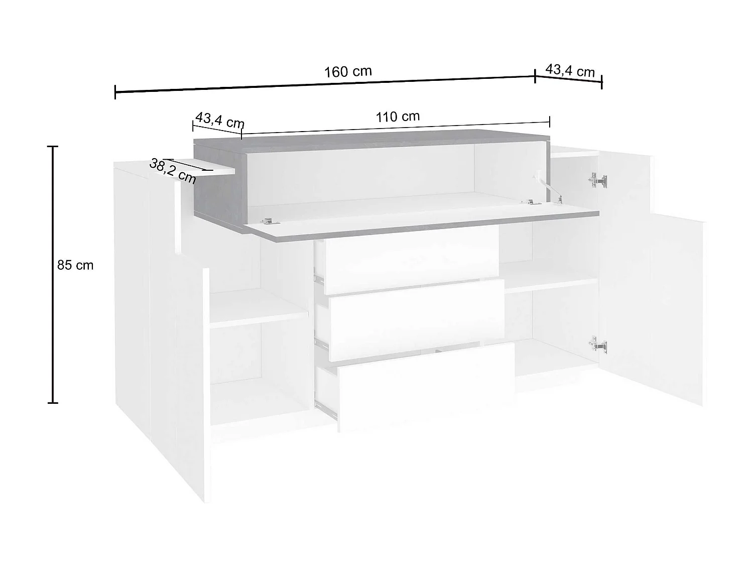 Credenza Corona 2 ante e 3 cassetti bianco lucido e acero pereira 160x45x85 cm