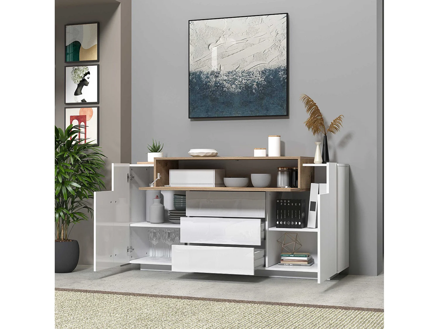 Credenza Corona 2 ante e 3 cassetti bianco lucido e acero pereira 160x45x85 cm
