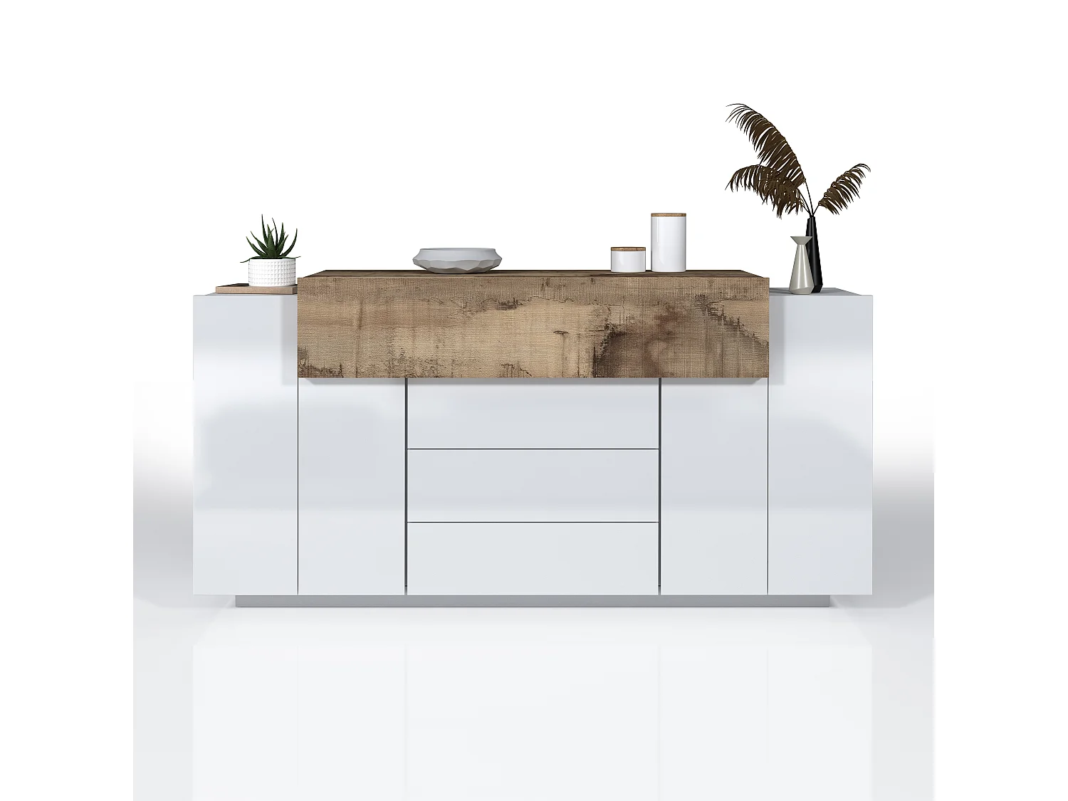 Credenza Corona 2 ante e 3 cassetti bianco lucido e acero pereira 160x45x85 cm