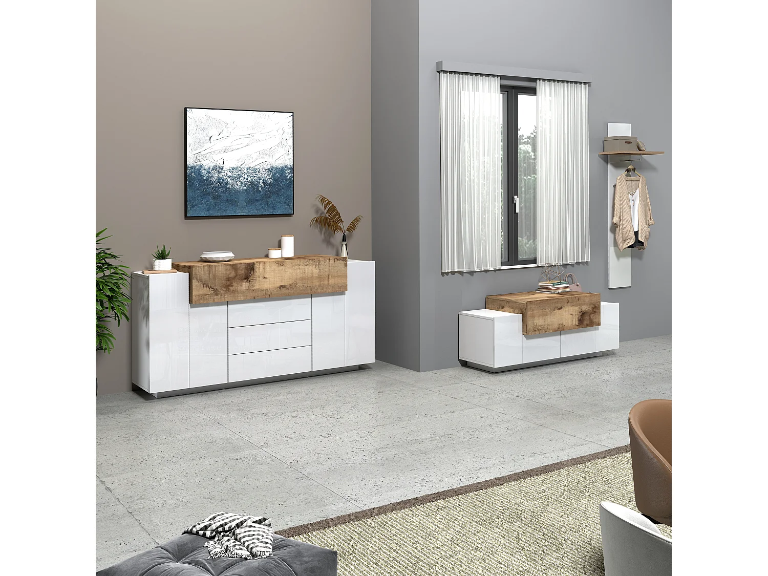 Credenza Corona 2 ante e 3 cassetti bianco lucido e acero pereira 160x45x85 cm