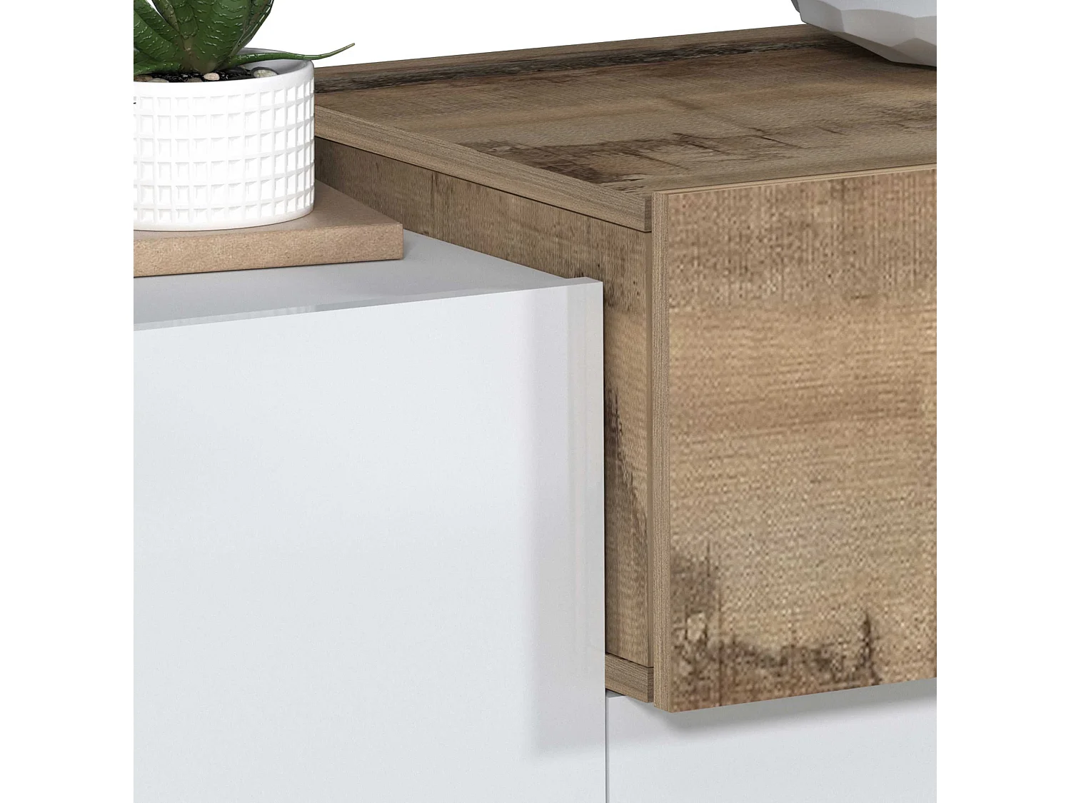 Credenza Corona 2 ante e 3 cassetti bianco lucido e acero pereira 160x45x85 cm