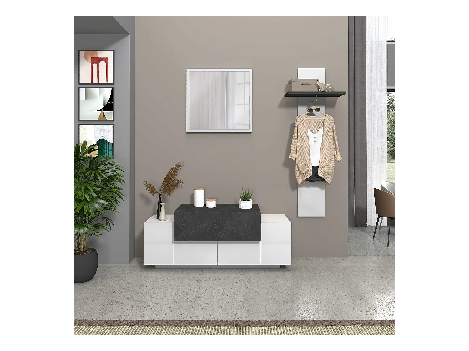 Scarpiera a panca Corona 2 ante 1 ribalta bianco lucido/ardesia 120x45x51 cm