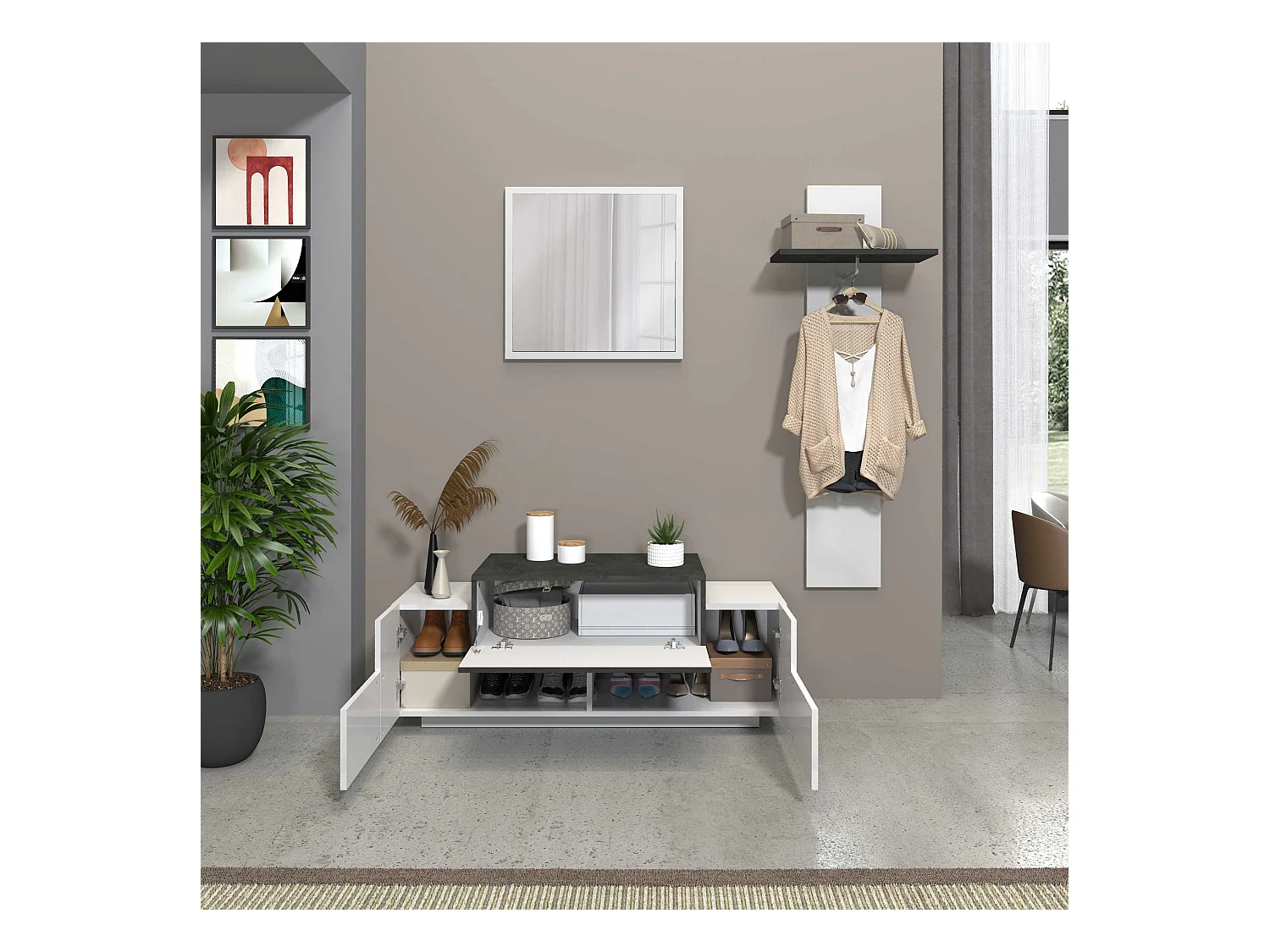 Scarpiera a panca Corona 2 ante 1 ribalta bianco lucido/ardesia 120x45x51 cm