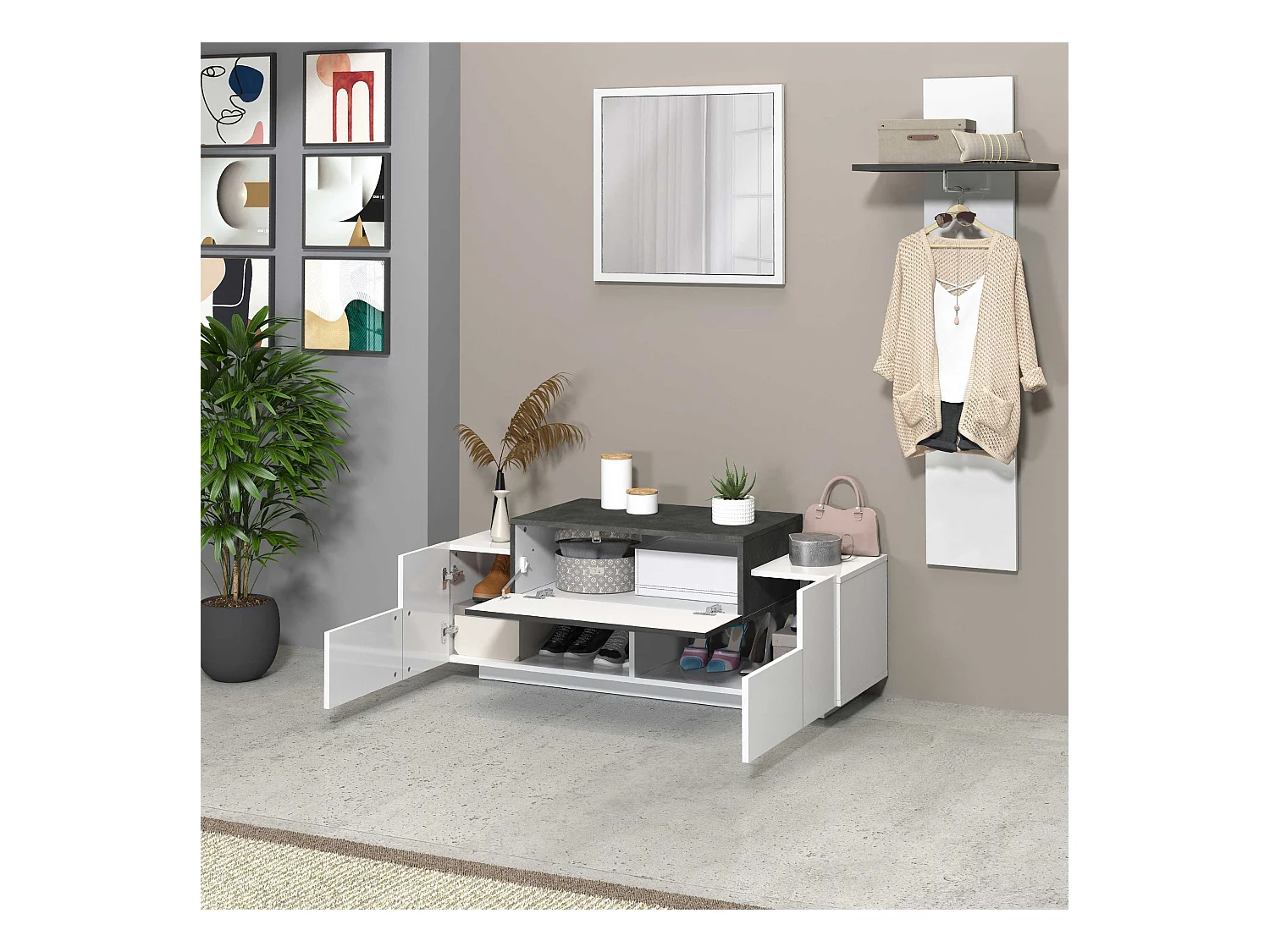 Scarpiera a panca Corona 2 ante 1 ribalta bianco lucido/ardesia 120x45x51 cm