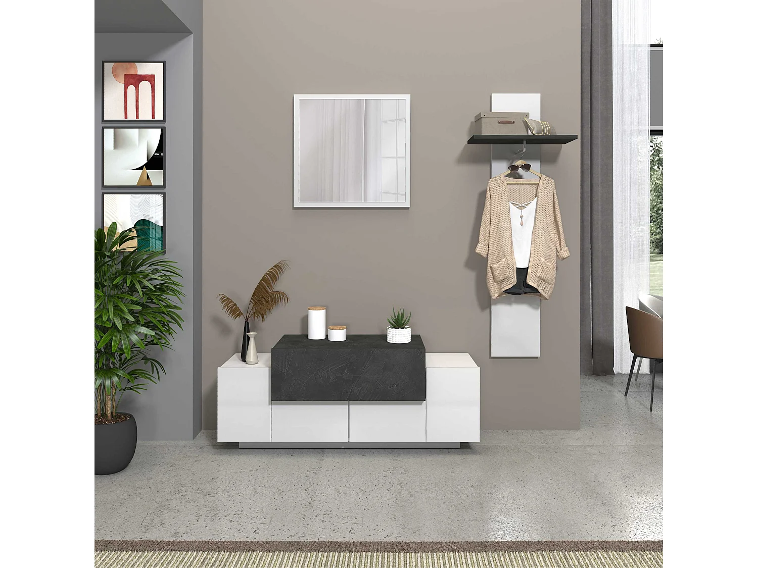 Scarpiera a panca Corona 2 ante 1 ribalta bianco lucido/ardesia 120x45x51 cm