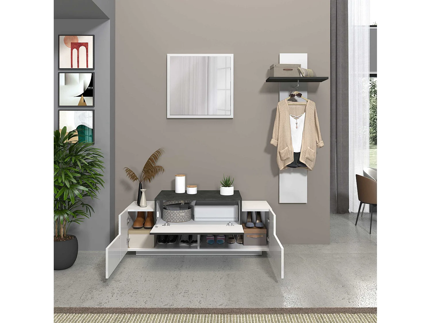 Scarpiera a panca Corona 2 ante 1 ribalta bianco lucido/ardesia 120x45x51 cm