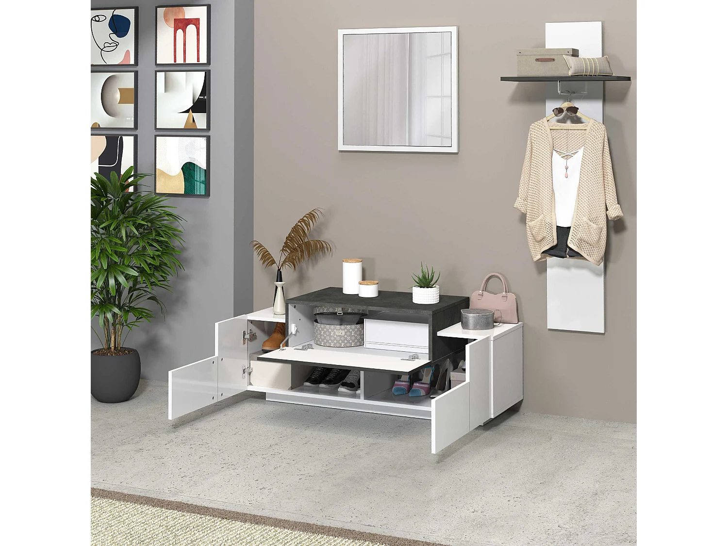 Scarpiera a panca Corona 2 ante 1 ribalta bianco lucido/ardesia 120x45x51 cm