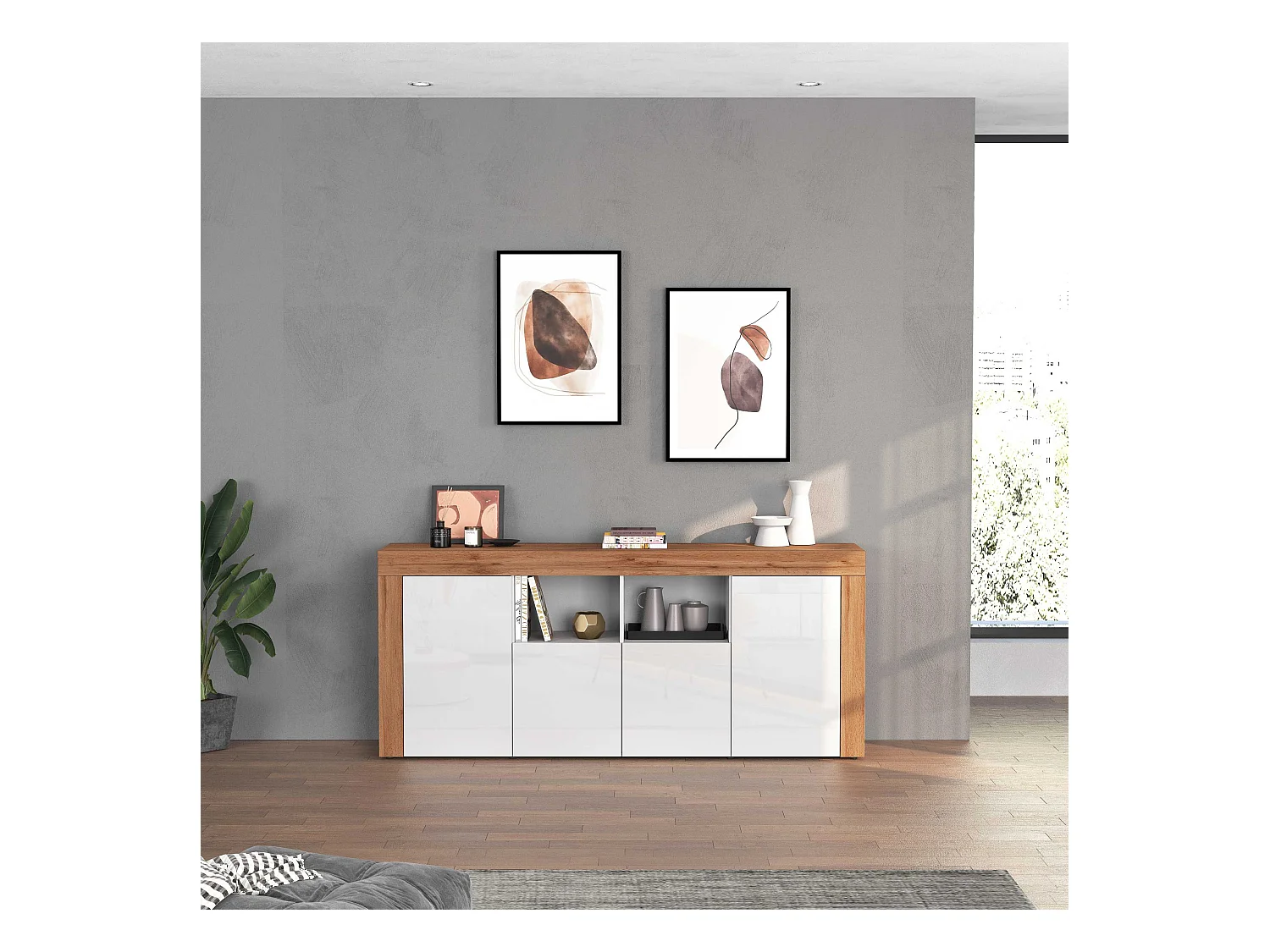 Credenza Chronos 4 ante e 2 vani bianco lucido e rovere 200x40x85 cm