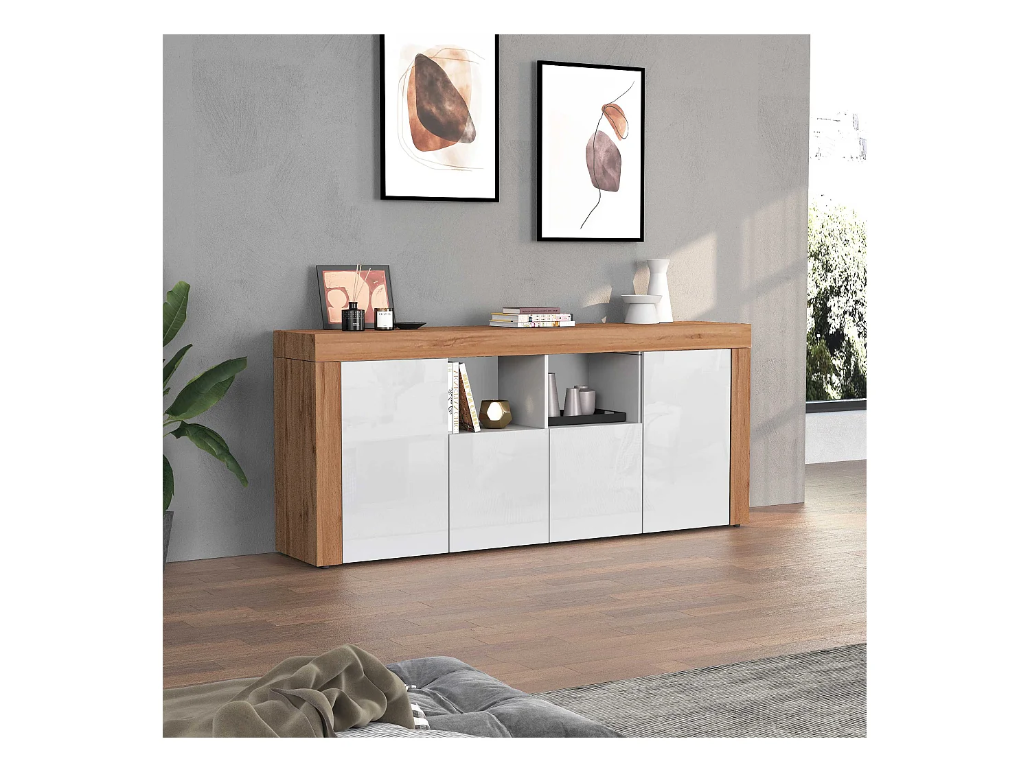 Credenza Chronos 4 ante e 2 vani bianco lucido e rovere 200x40x85 cm
