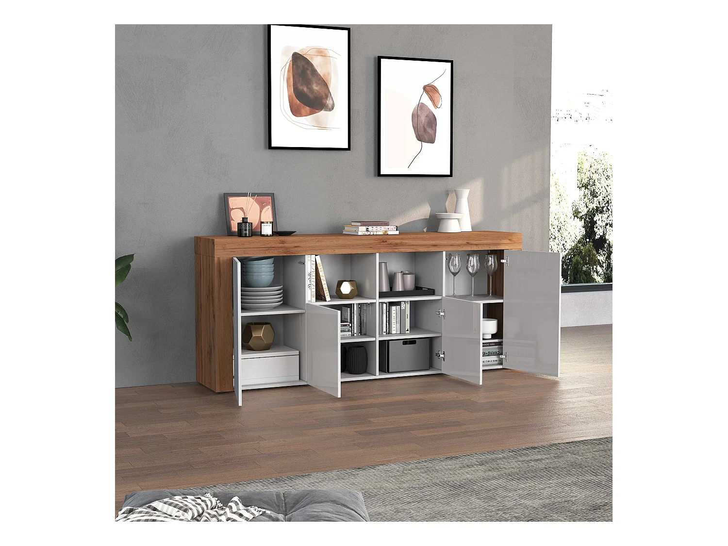 Credenza Chronos 4 ante e 2 vani bianco lucido e rovere 200x40x85 cm