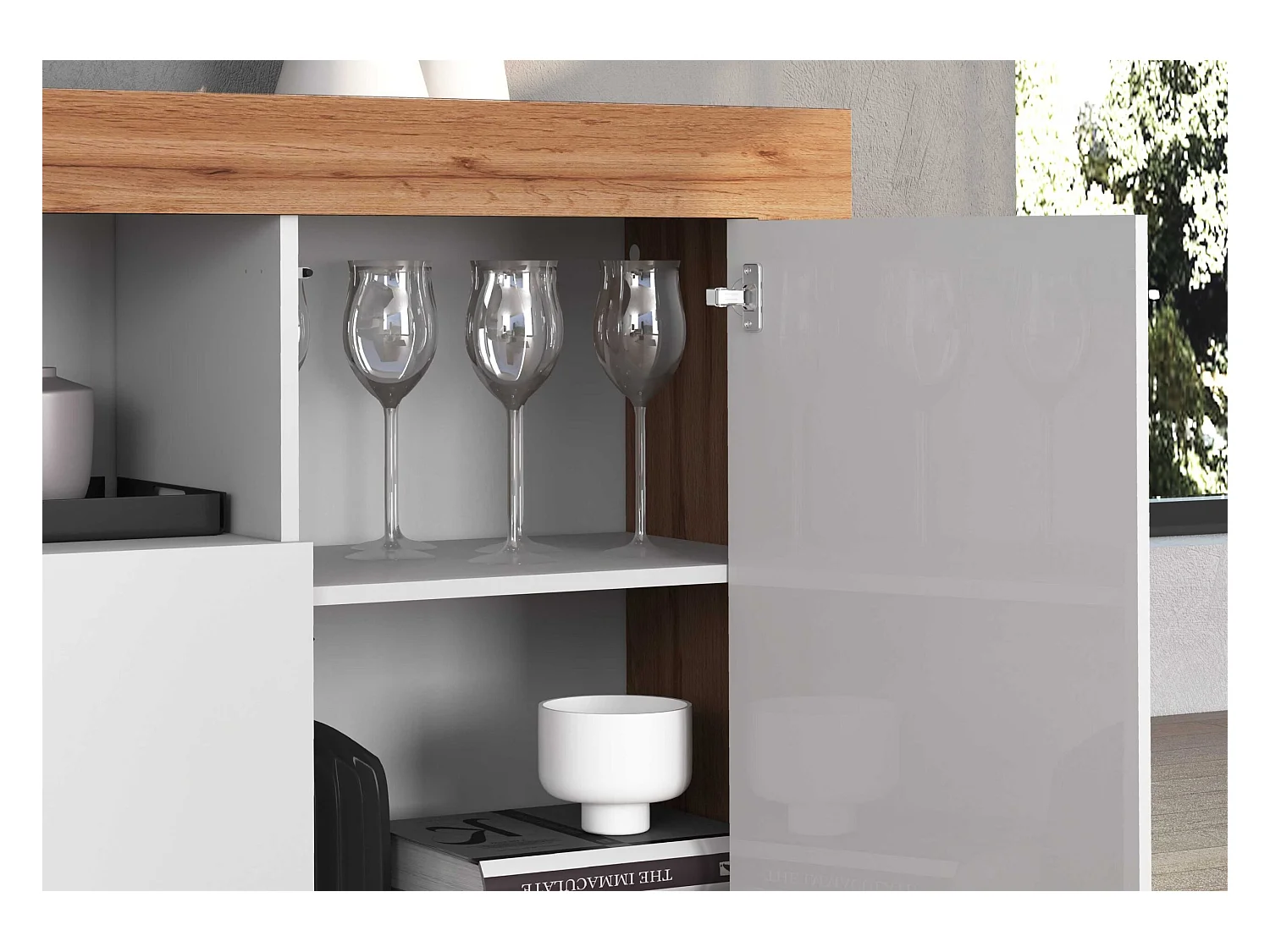 Credenza Chronos 4 ante e 2 vani bianco lucido e rovere 200x40x85 cm