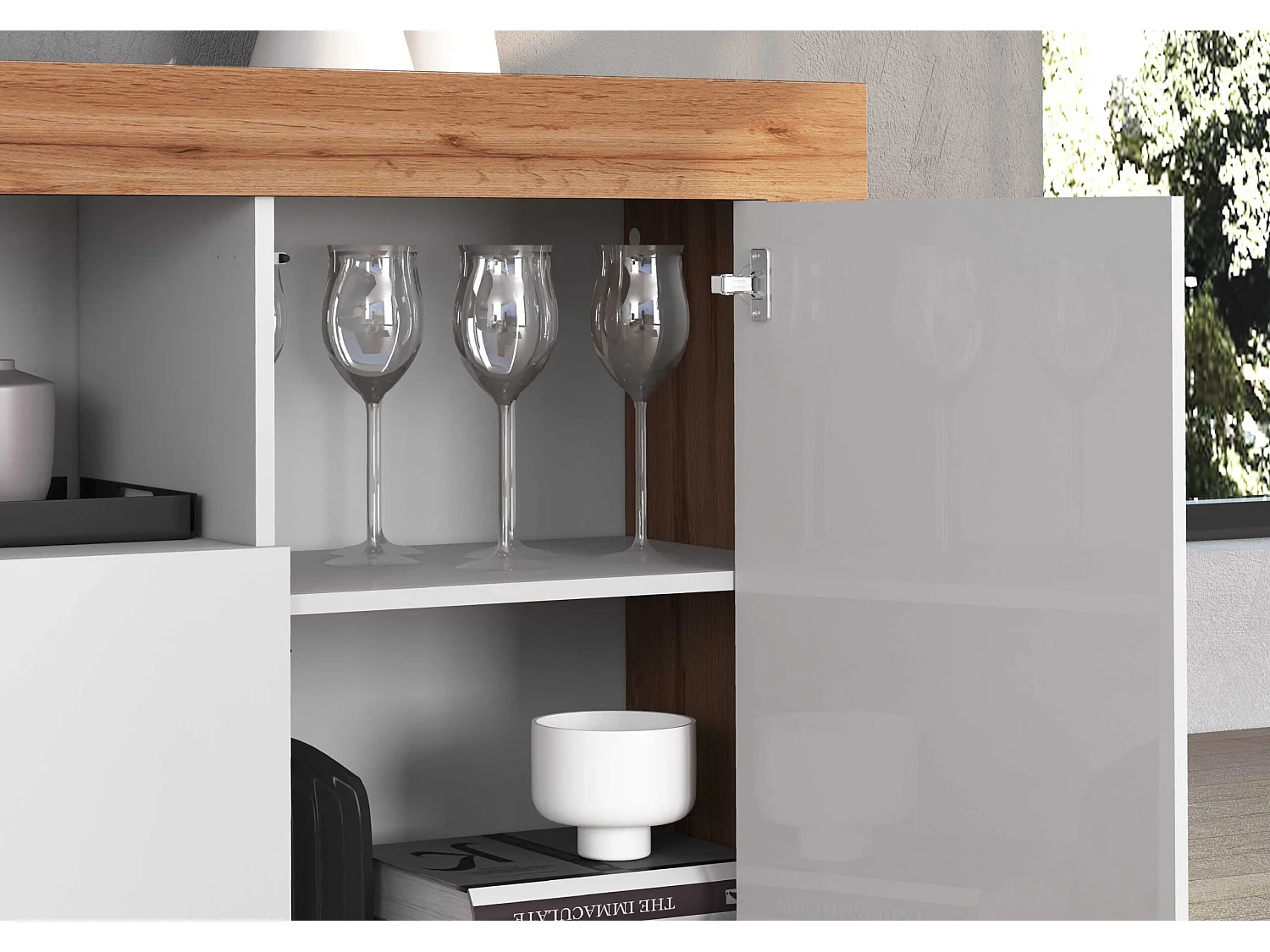 Credenza Chronos 4 ante e 2 vani bianco lucido e rovere 200x40x85 cm