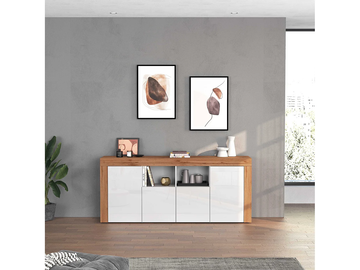 Aparador Chronos con 4 puertas y 2 compartimentos, blanco brillo y roble, 200 x 40 x 85 cm