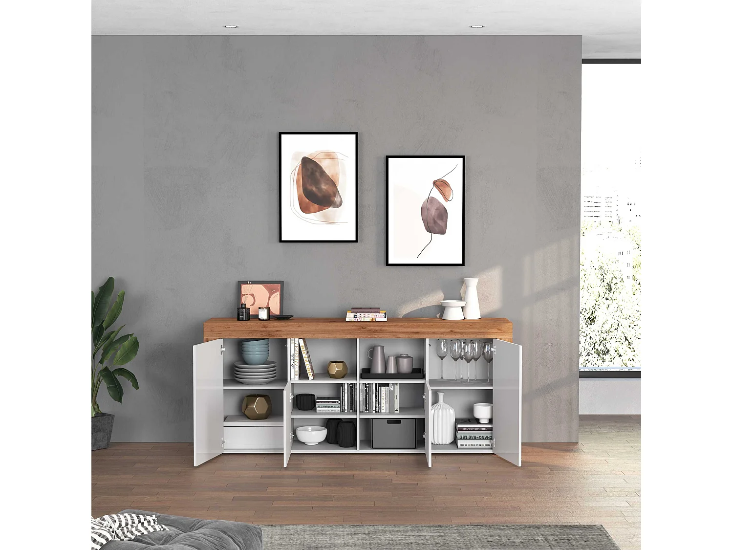 Aparador Chronos con 4 puertas y 2 compartimentos, blanco brillo y roble, 200 x 40 x 85 cm