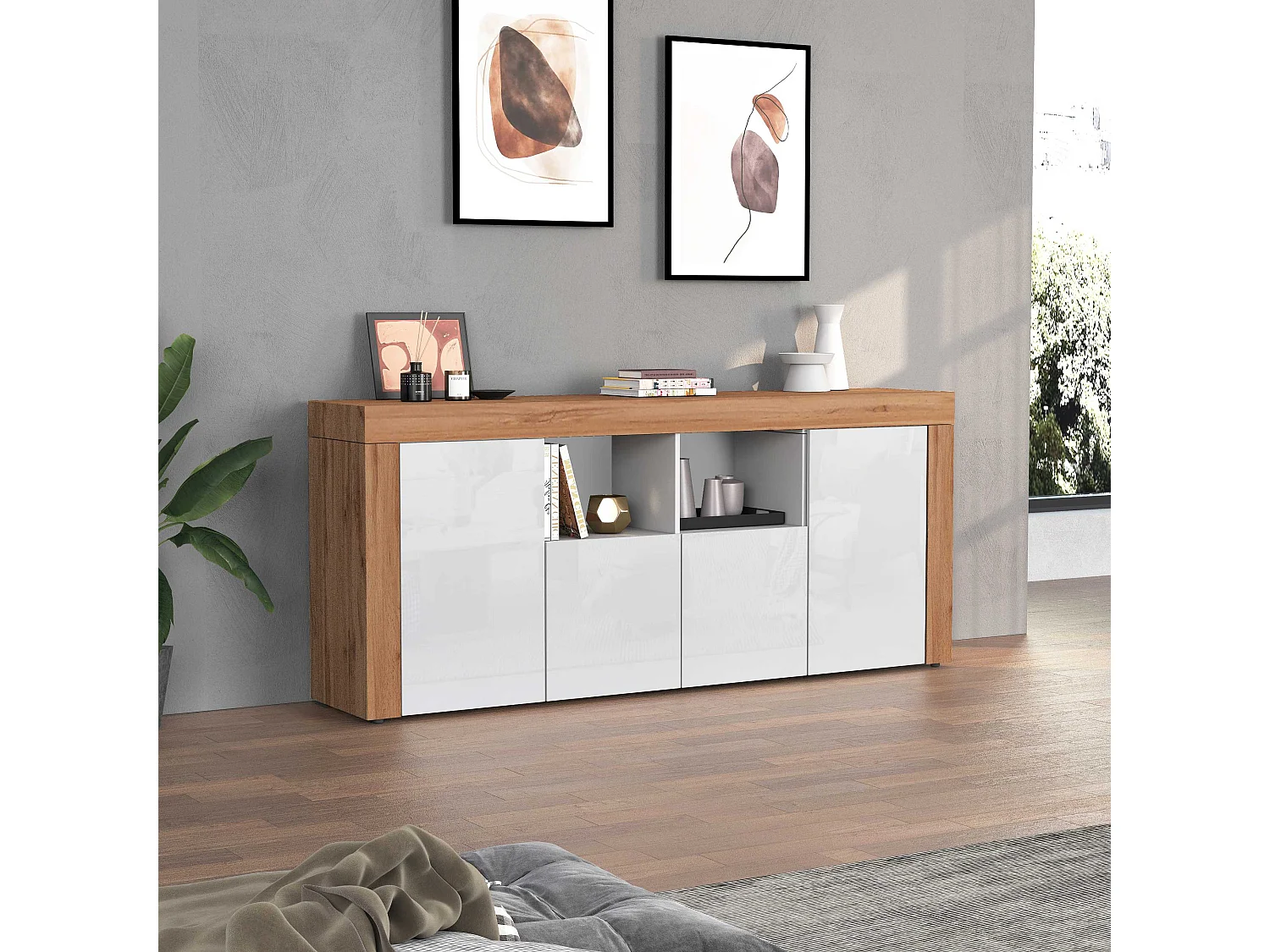 Aparador Chronos con 4 puertas y 2 compartimentos, blanco brillo y roble, 200 x 40 x 85 cm