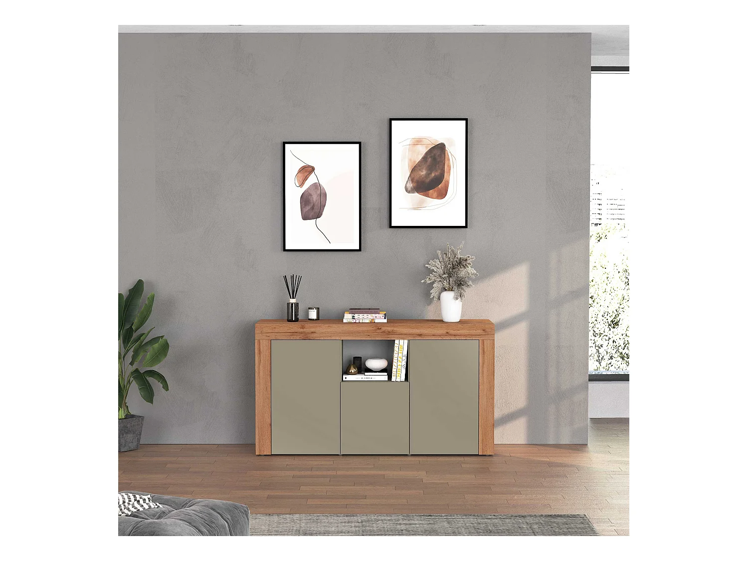 Credenza Chronos 3 ante e 1 vano tortora opaco e rovere 155x40x85 cm