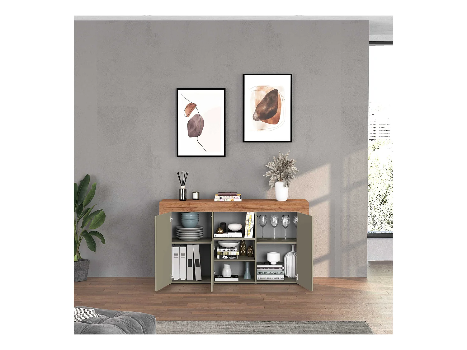 Credenza Chronos 3 ante e 1 vano tortora opaco e rovere 155x40x85 cm