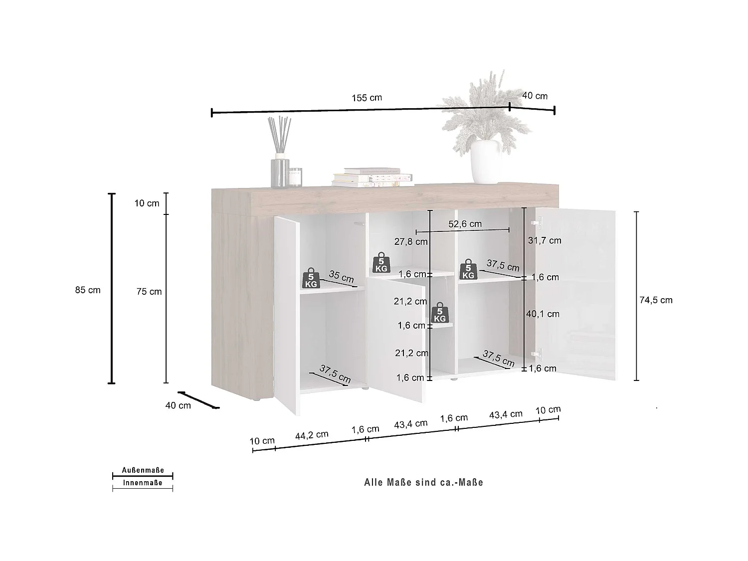 Credenza Chronos 3 ante e 1 vano tortora opaco e rovere 155x40x85 cm