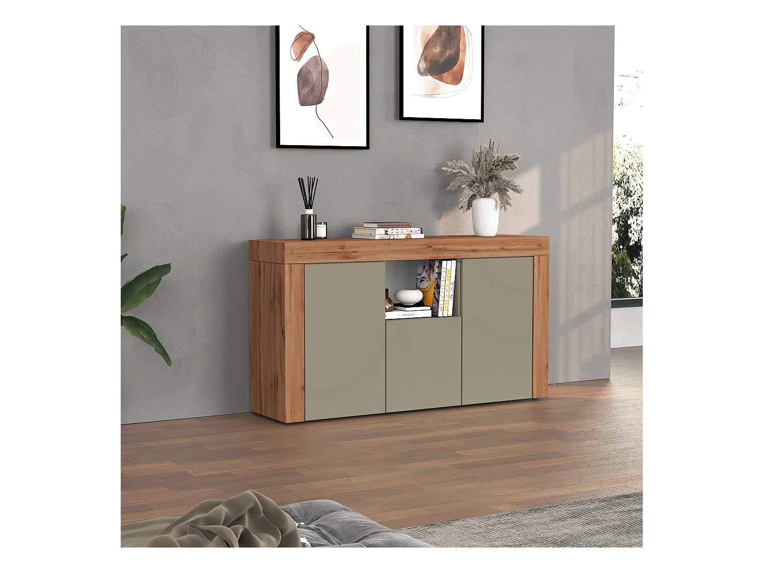 Credenza Chronos 3 ante e 1 vano tortora opaco e rovere 155x40x85 cm