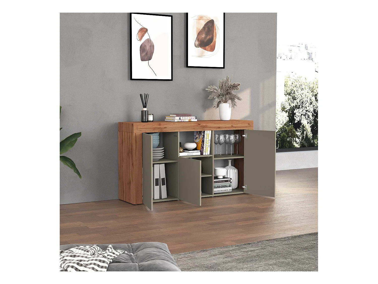 Credenza Chronos 3 ante e 1 vano tortora opaco e rovere 155x40x85 cm