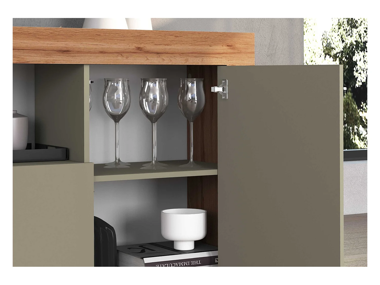 Credenza Chronos 3 ante e 1 vano tortora opaco e rovere 155x40x85 cm