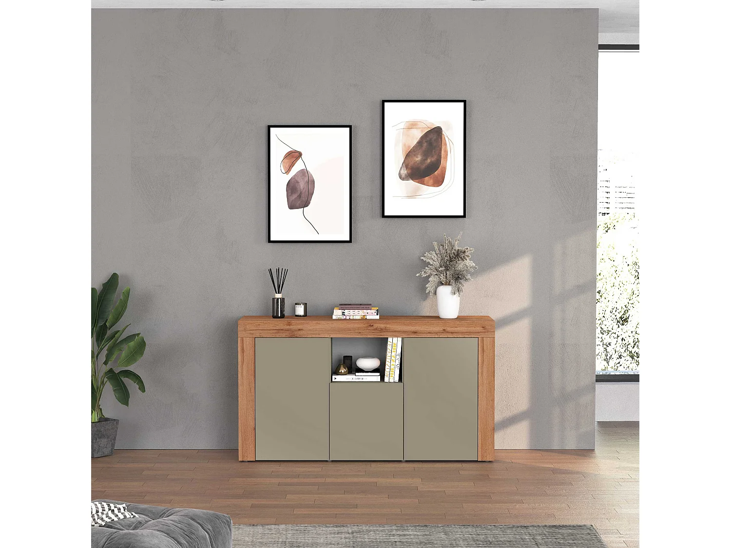 Credenza Chronos 3 ante e 1 vano tortora opaco e rovere 155x40x85 cm