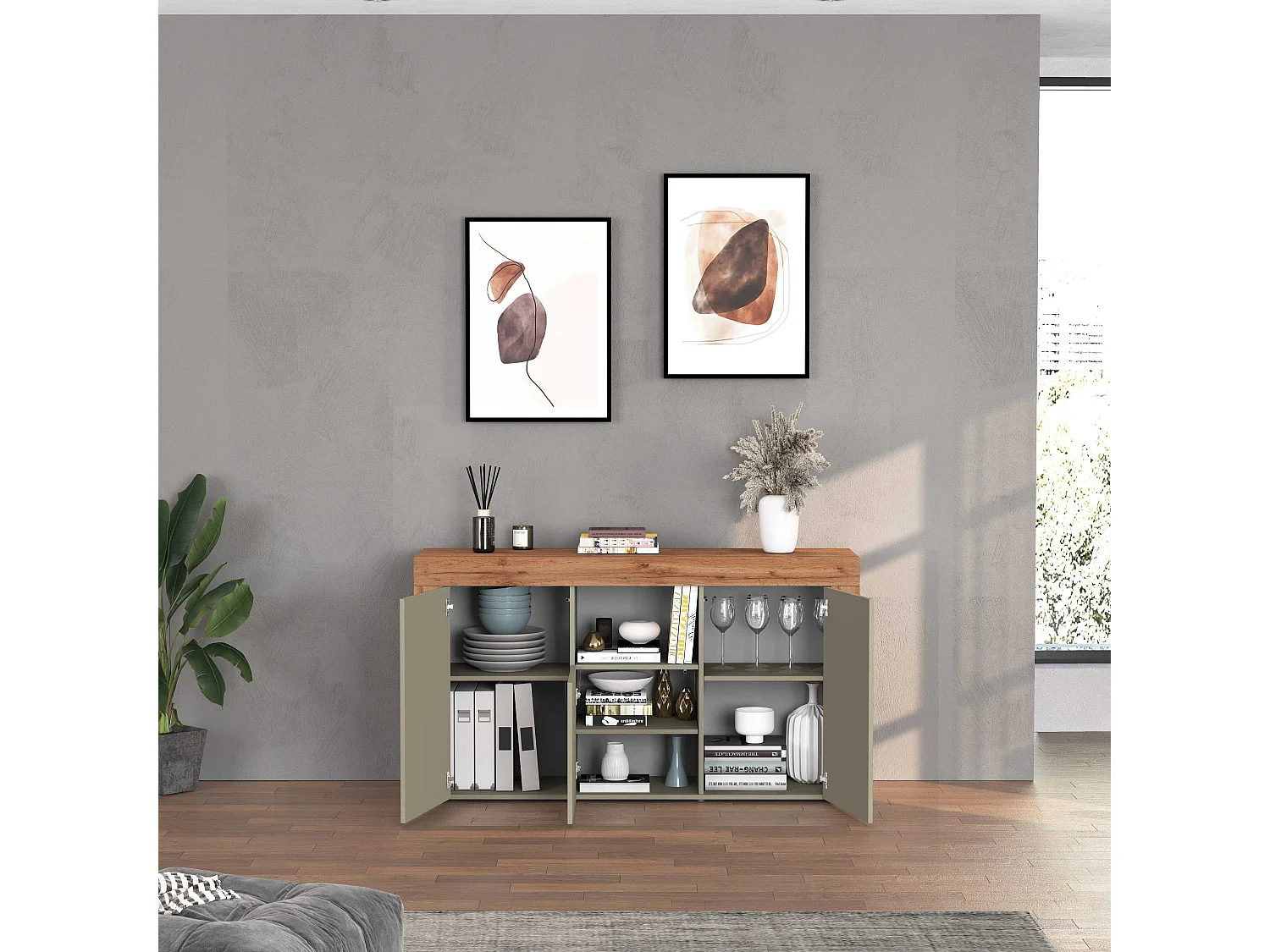 Credenza Chronos 3 ante e 1 vano tortora opaco e rovere 155x40x85 cm