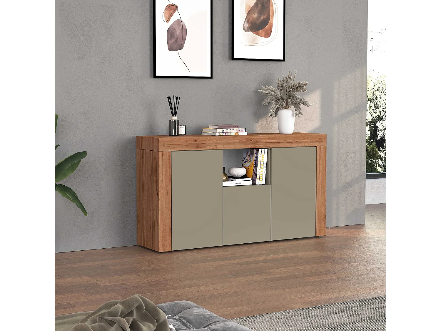 Credenza Chronos 3 ante e 1 vano tortora opaco e rovere 155x40x85 cm