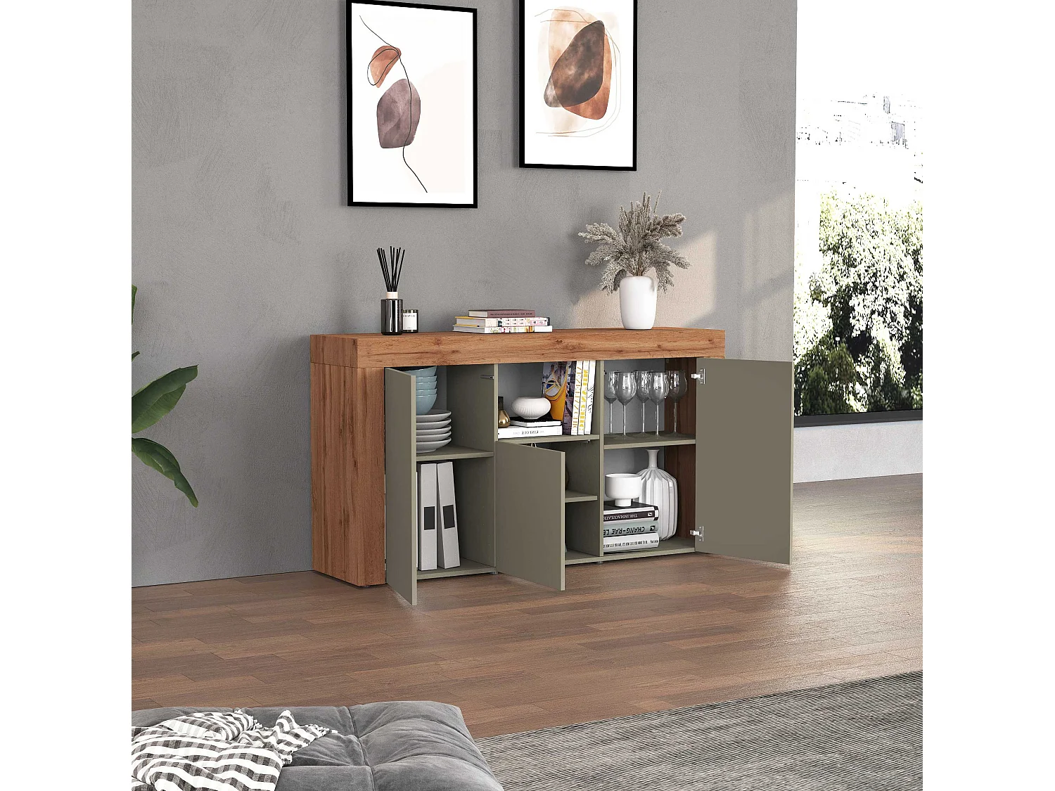 Credenza Chronos 3 ante e 1 vano tortora opaco e rovere 155x40x85 cm
