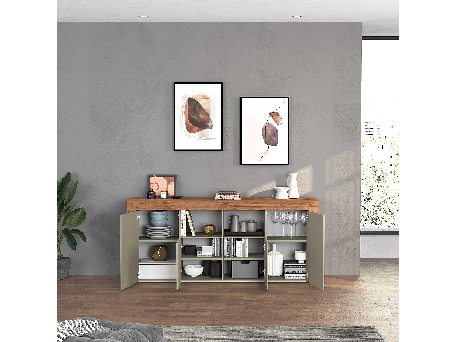 Credenza Chronos 4 ante e 2 vani tortora opaco e rovere 200x40x85 cm