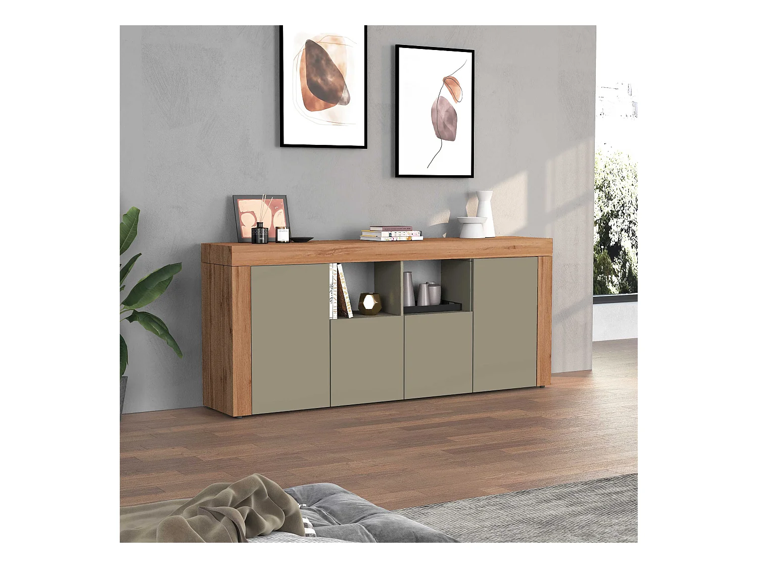 Credenza Chronos 4 ante e 2 vani tortora opaco e rovere 200x40x85 cm