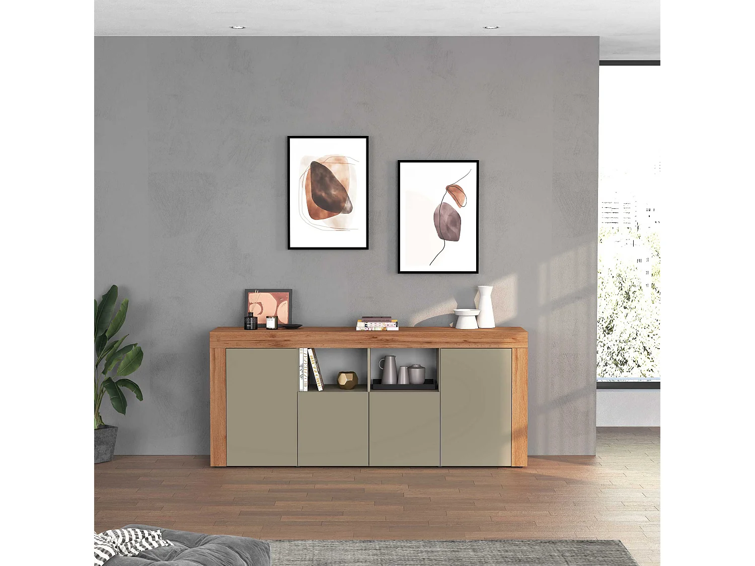 Credenza Chronos 4 ante e 2 vani tortora opaco e rovere 200x40x85 cm