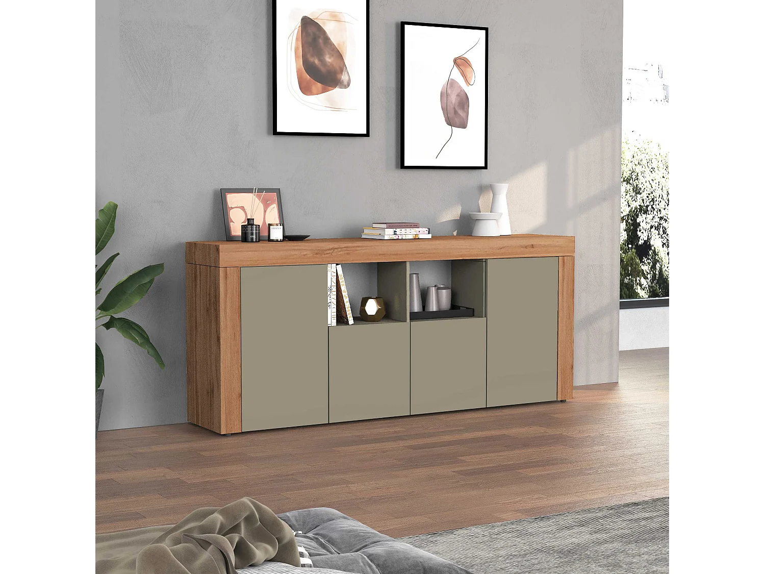 Credenza Chronos 4 ante e 2 vani tortora opaco e rovere 200x40x85 cm