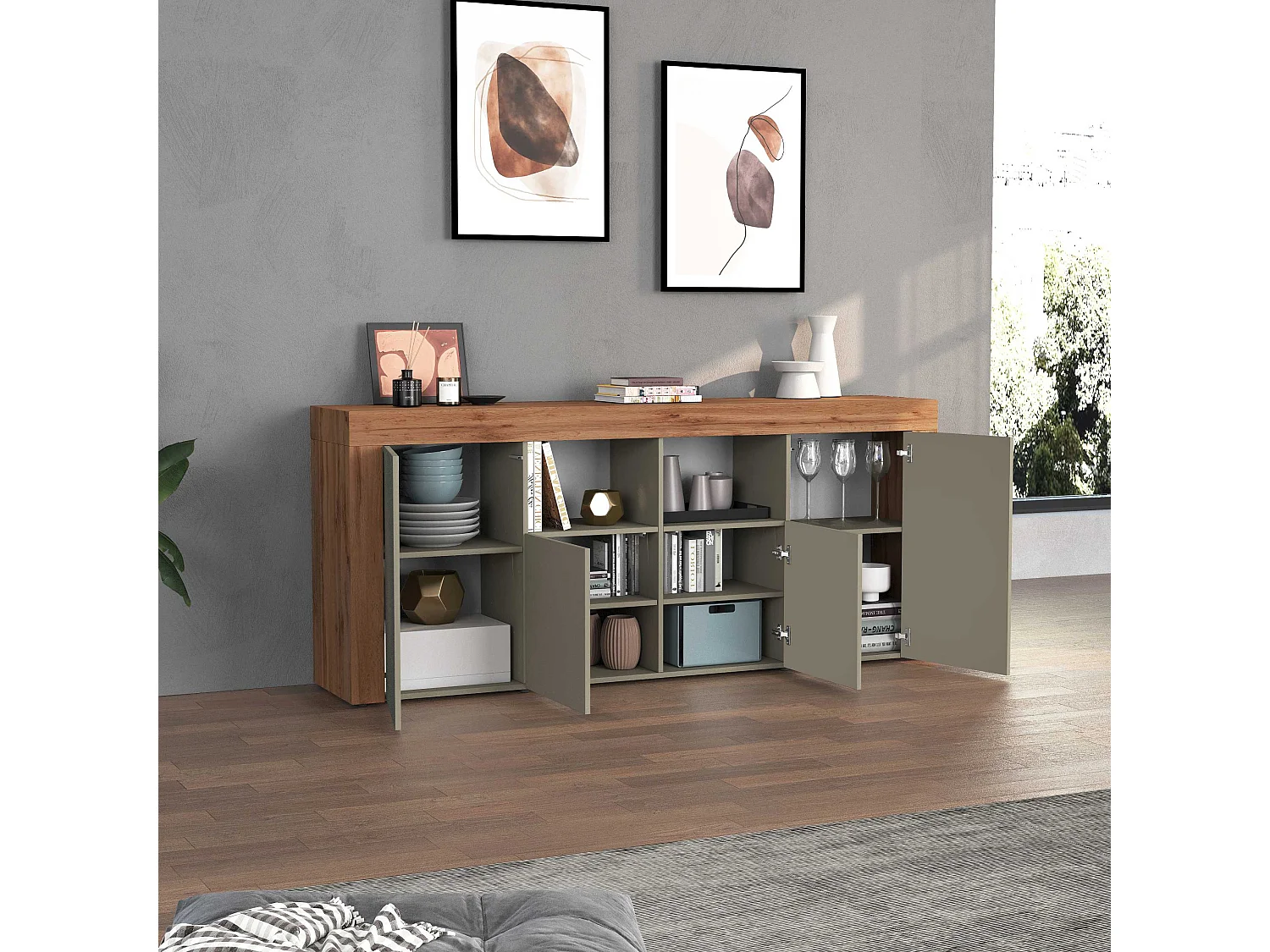 Credenza Chronos 4 ante e 2 vani tortora opaco e rovere 200x40x85 cm