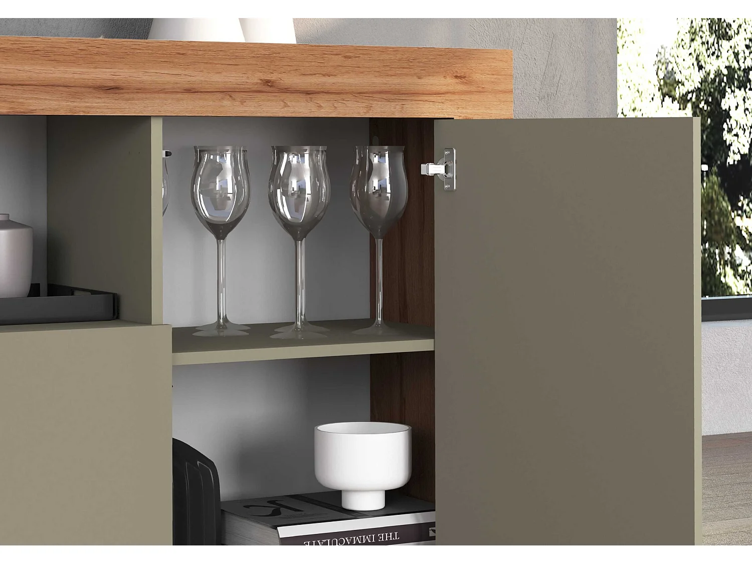 Credenza Chronos 4 ante e 2 vani tortora opaco e rovere 200x40x85 cm