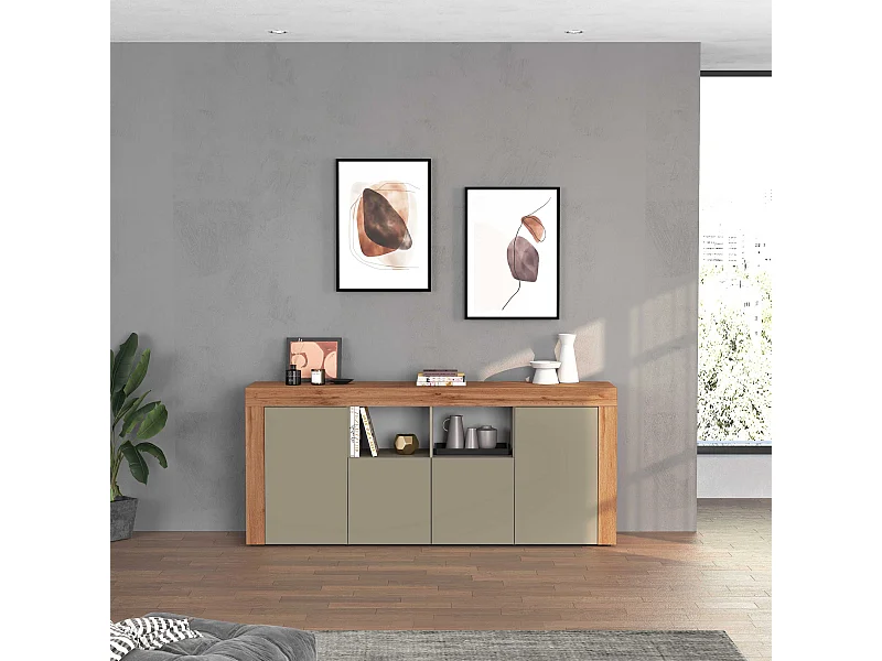 Credenza Chronos 4 ante e 2 vani tortora opaco e rovere 200x40x85 cm