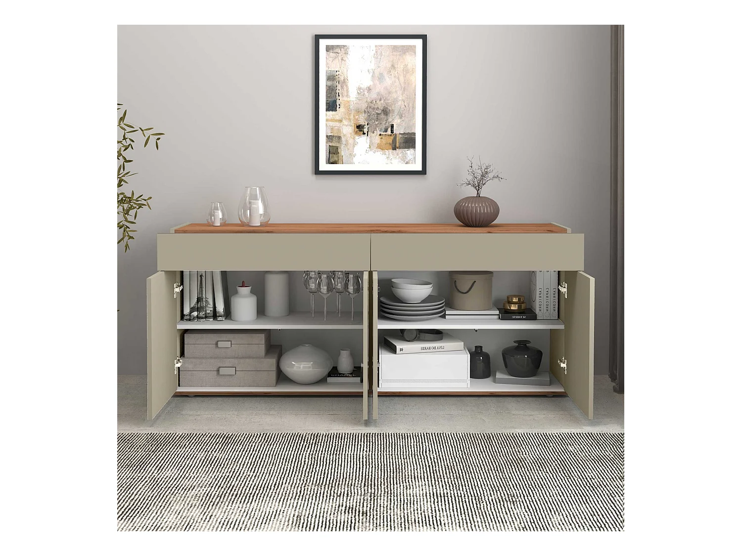 Credenza Garda 4 ante e 2 cassetti tortora opaco e rovere 160,1x35x70 cm