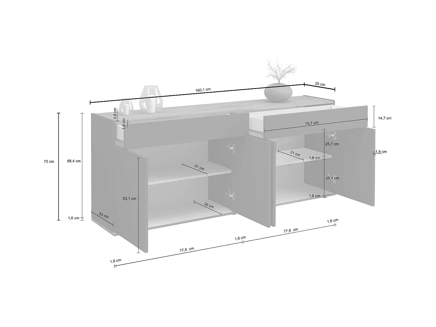 Credenza Garda 4 ante e 2 cassetti tortora opaco e rovere 160,1x35x70 cm