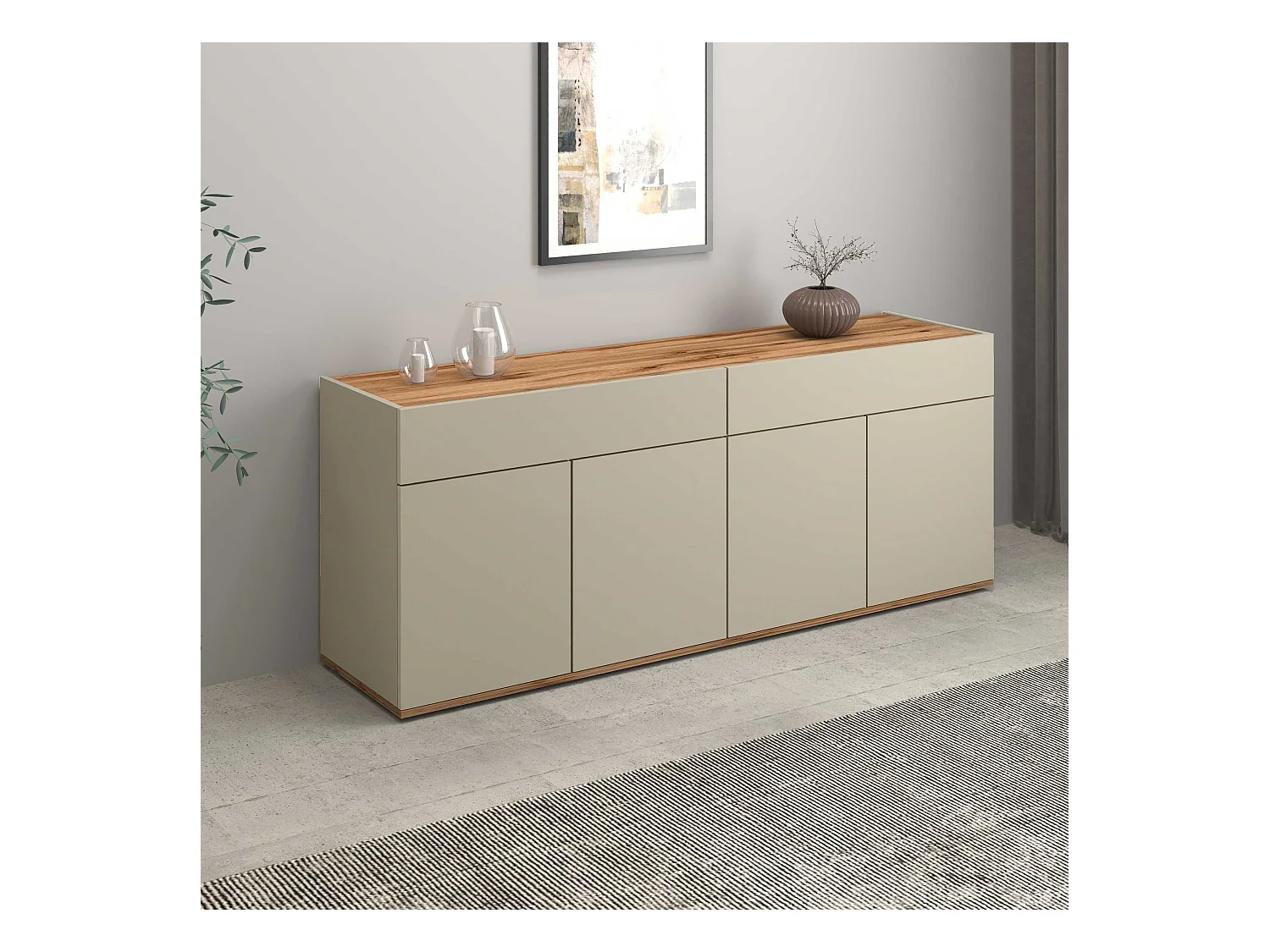 Credenza Garda 4 ante e 2 cassetti tortora opaco e rovere 160,1x35x70 cm