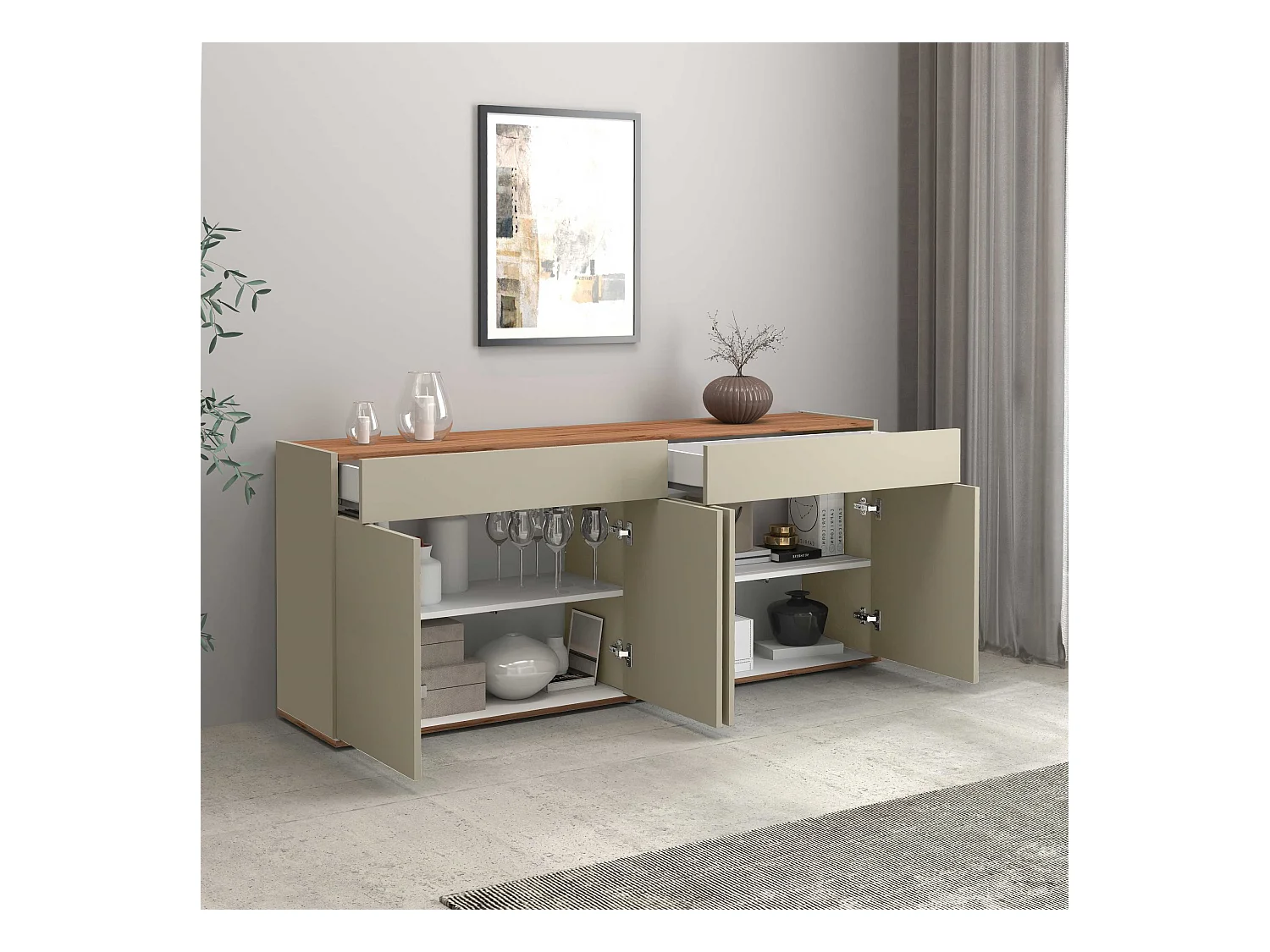 Credenza Garda 4 ante e 2 cassetti tortora opaco e rovere 160,1x35x70 cm