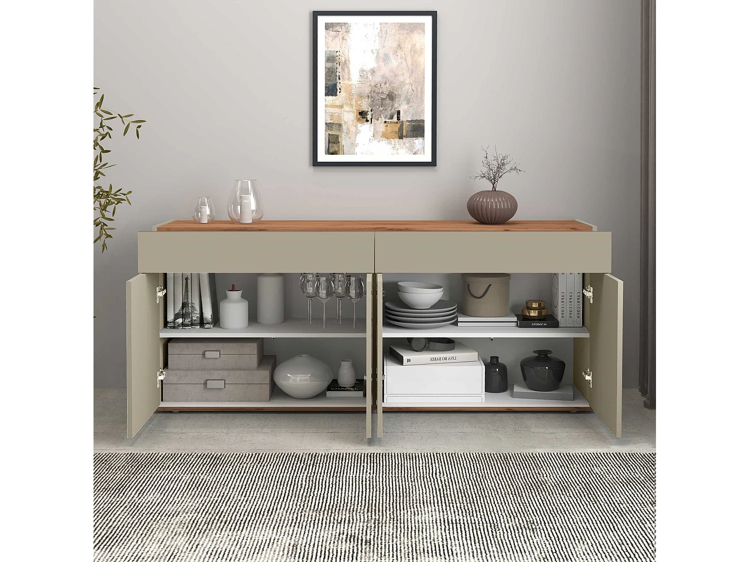 Credenza Garda 4 ante e 2 cassetti tortora opaco e rovere 160,1x35x70 cm