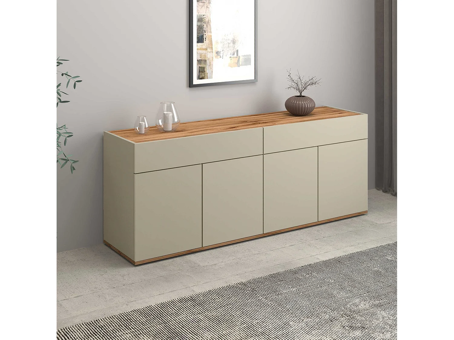 Credenza Garda 4 ante e 2 cassetti tortora opaco e rovere 160,1x35x70 cm