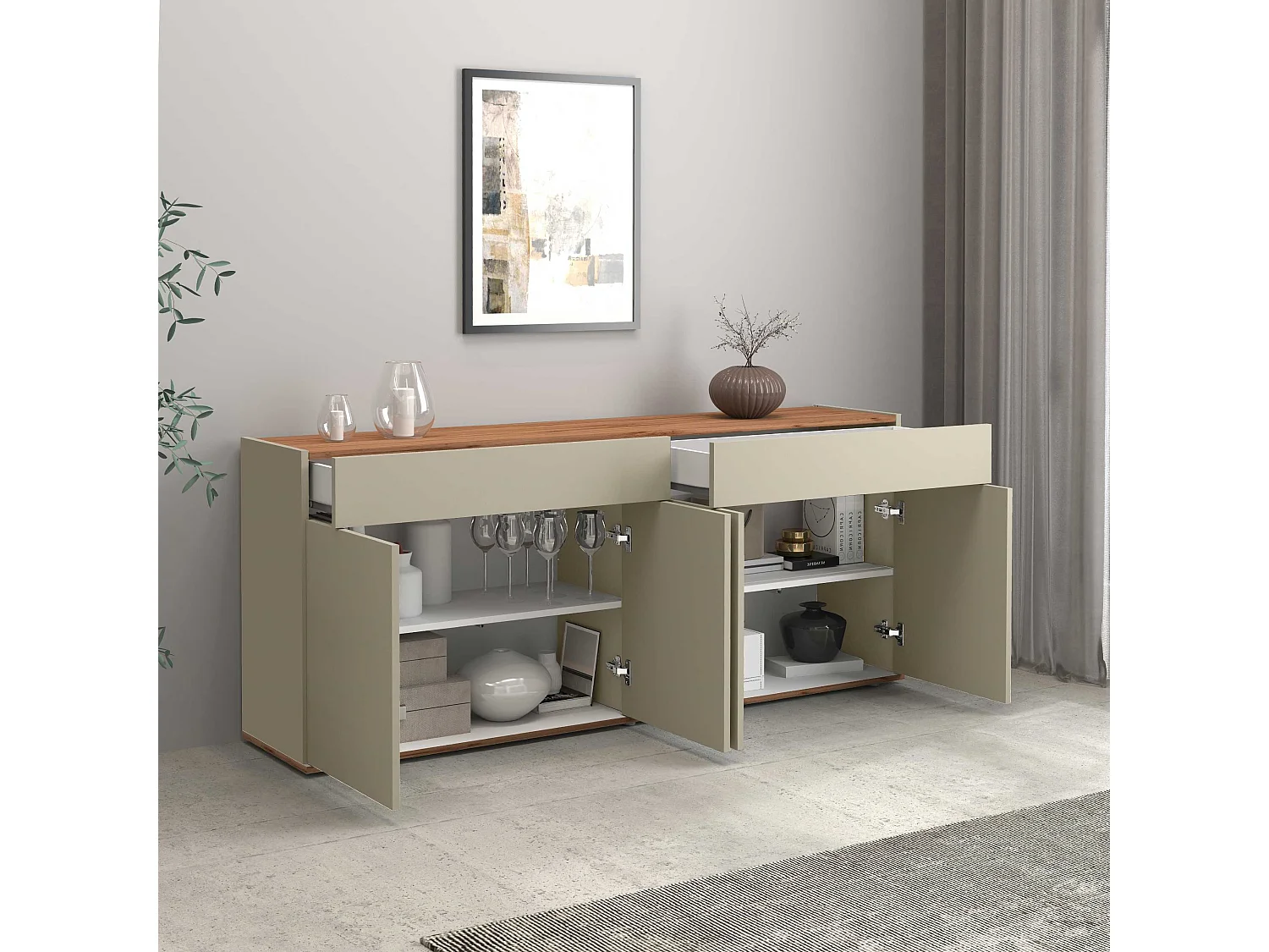 Credenza Garda 4 ante e 2 cassetti tortora opaco e rovere 160,1x35x70 cm