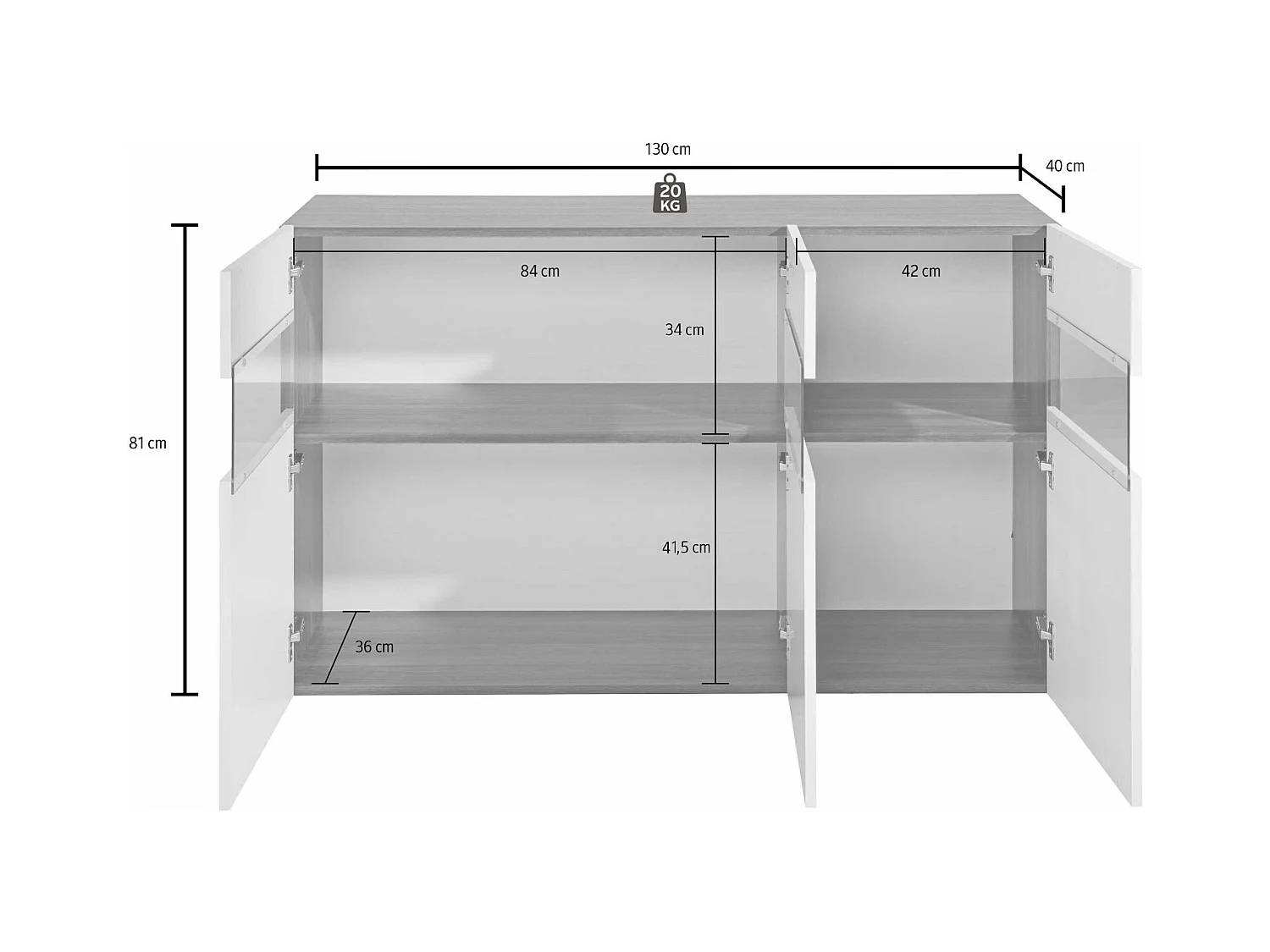 Credenza Potenza con 3 ante bianco lucido 130x40x81 cm