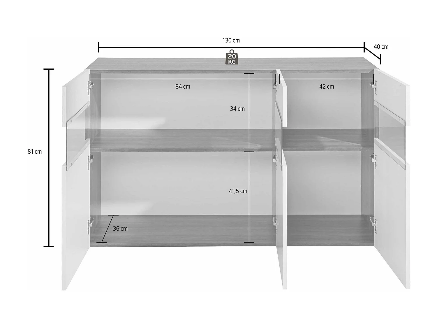 Credenza Potenza con 3 ante bianco lucido 130x40x81 cm